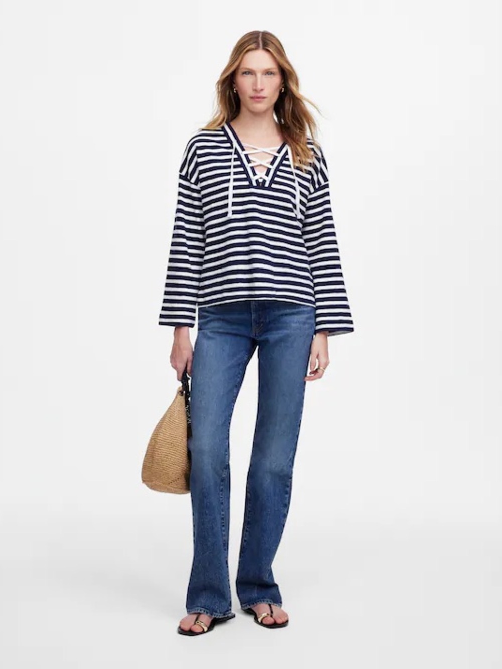Madewell Navy Lace-Up Long-Sleeve Tee in Stripe Size Large